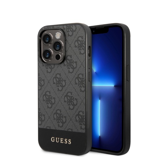 Guess - iPhone 14 Pro Leder Hardcase Hülle 4G Stripe (GUHCP14LG4GLGR) - Schwarz