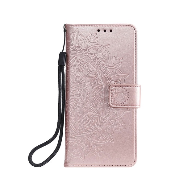 Samsung Galaxy A21s Leder Tasche mit Kartenfach + Handschlaufe Blumen Mandala - Roségold