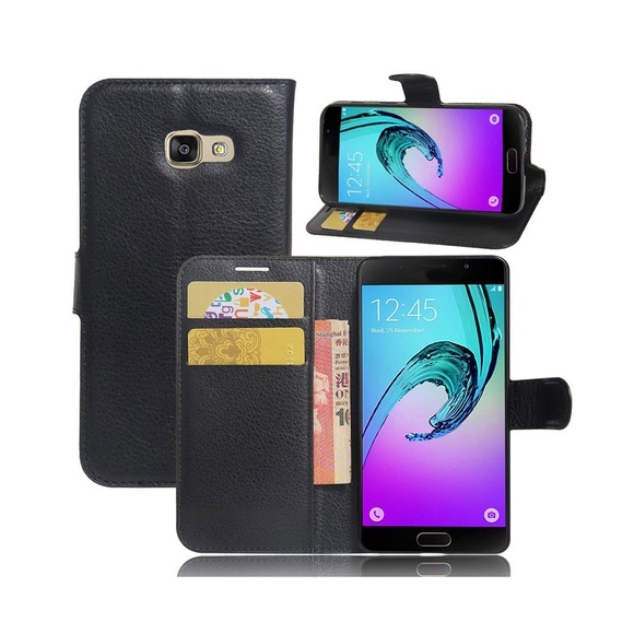 Samsung Galaxy A3 (2017) Leder Tasche Hülle Karten Etui Litchi Look - Schwarz