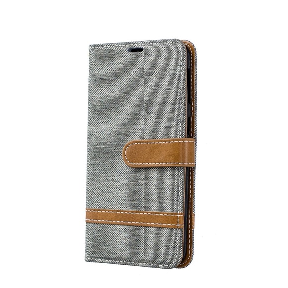 Samsung Galaxy A40 Stoff Tasche im Jeans Look mit Kartenfach + Magnetverschluss - Grau / Braun