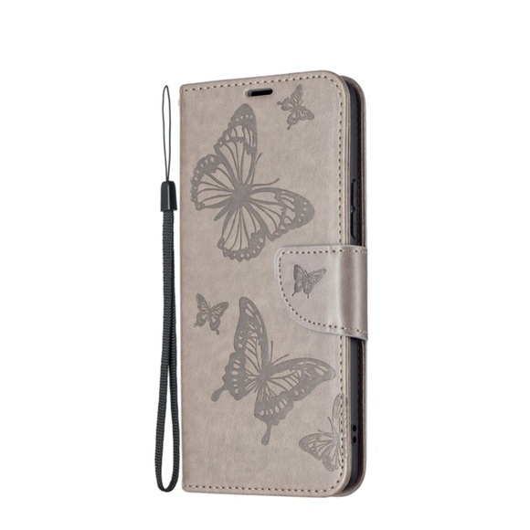 Samsung Galaxy A53 5G Leder Tasche mit Kartenfach + Handschlaufe Schmetterling - Grau