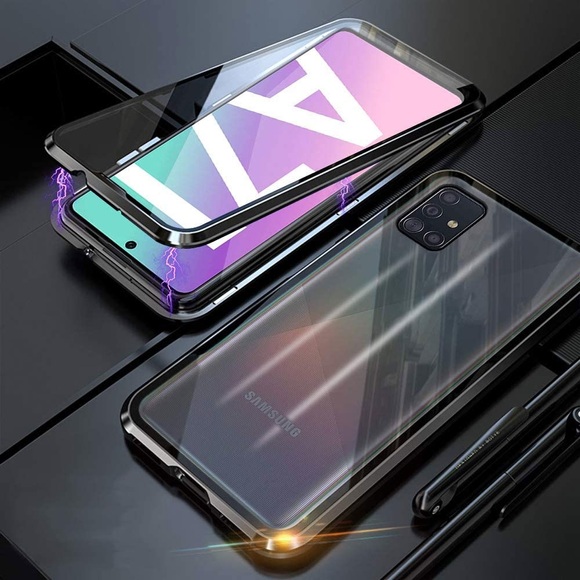 Samsung Galaxy A71 Magnetische Alu Schutzhülle mit Panzer Glas Backcover + Displayschutz (Magnet-Technologie) - Schwarz