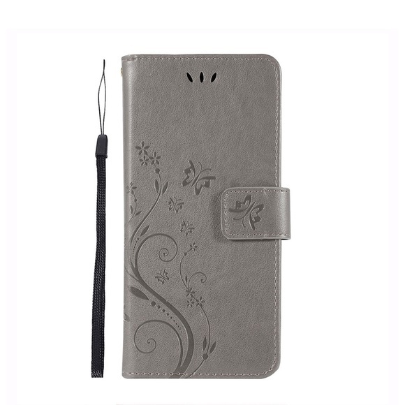 Samsung Galaxy S10 Leder Tasche mit Kartenfach + Handschlaufe Butterfly Flowers - Grau