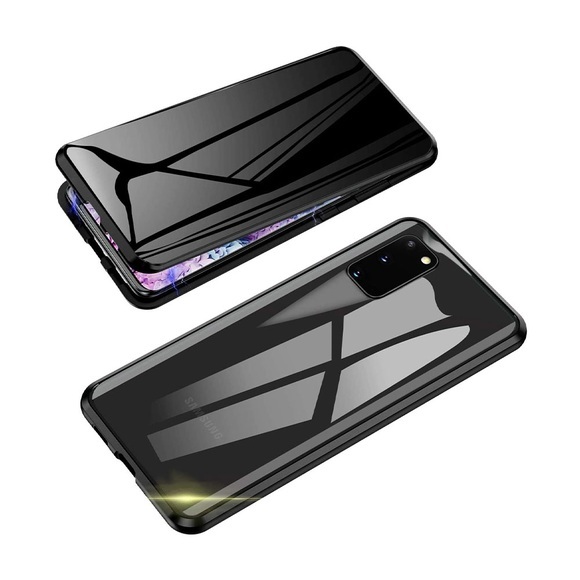 Samsung Galaxy S20 Magnetische Alu Schutzhülle mit Panzer Glas Backcover + Privacy Displayschutz (Magnet-Technologie) - Schwarz
