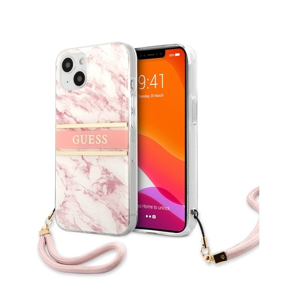 Guess - iPhone 13 Mini Hardcase Hülle Marble Strap (GUHCP13SKMABPI) - Weiss / Rosa