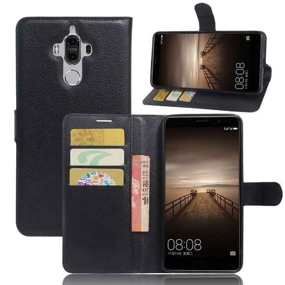 Huawei Mate 9 Leder Tasche Karten Etui Litchi Look - Schwarz