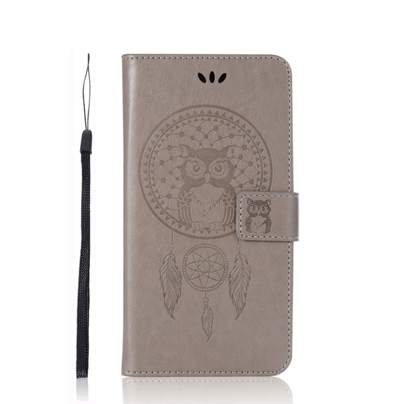 Huawei P Smart (2019) Leder Tasche Flip Cover Traumfänger Eule - Grau