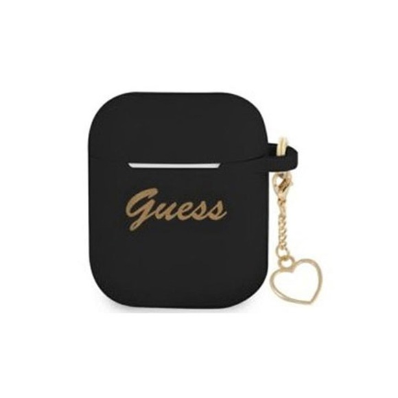 Guess - AirPods (1. & 2. Generation) Silikon Schutzhülle + Herz Anhänger (GUACA2LSTLBK) - Schwarz / Gold
