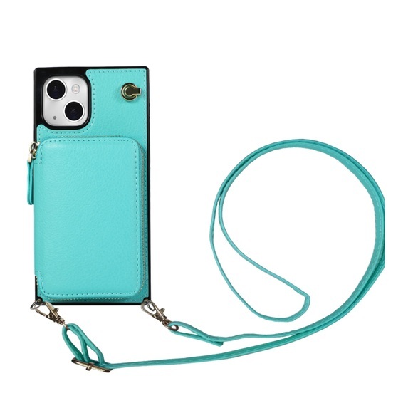 Apfelkiste © - iPhone 13 Mini Necklace Leder Schutz Hülle mit Kartenfächer + Handykette (140cm) - Türkis