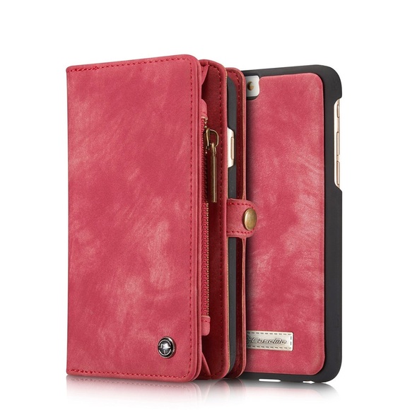 Caseme - iPhone 6 / 6S Leder Tasche Brieftasche (Wallet) + Kartenetui + Leder Case - Rot