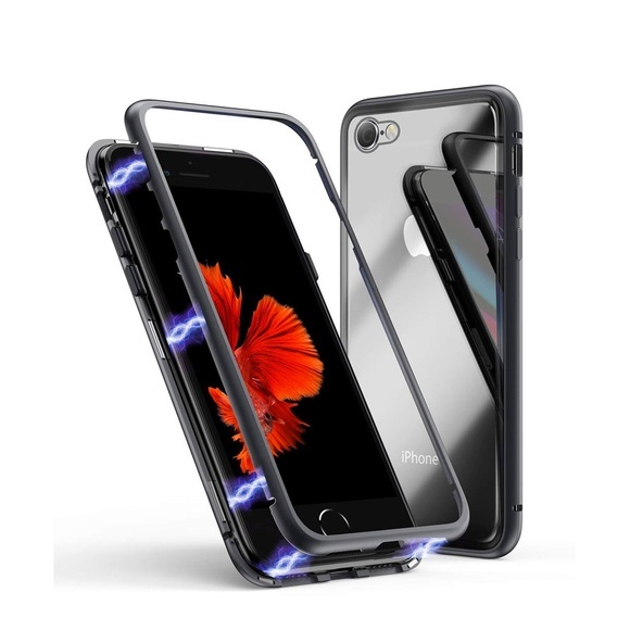 iPhone 8 / iPhone 7 Magnetische Alu Schutzhülle mit Panzer Glas Backcover (Magnet-Technologie) - Schwarz