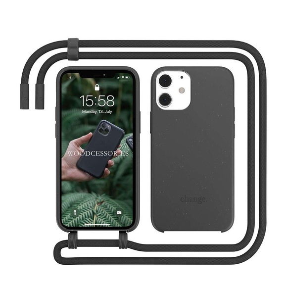 Woodcessories - iPhone 11 / iPhone Xr Change Necklace BioCase Schutzhülle Vegan Biologisch Abbaubar + Handykette (CHA014) - Schwarz