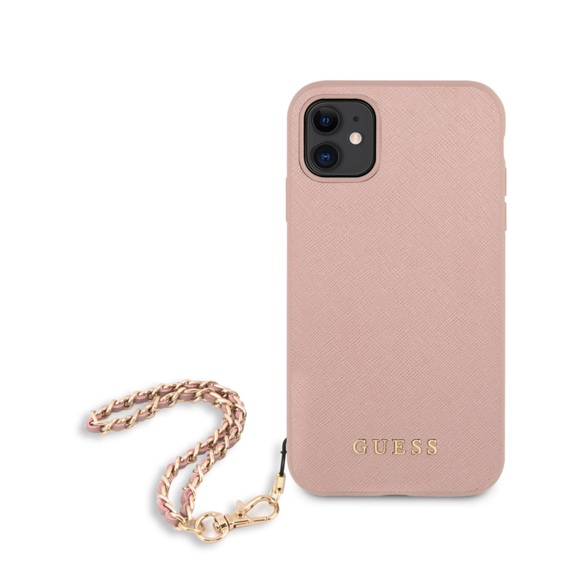 Guess - iPhone 11 Leder Saffiano Hardcase Hülle Chain + Trageschlaufe (GUHCN61SASGPI) - Rosa