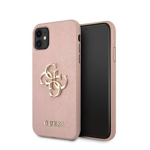 Guess - iPhone 11 Leder Saffiano Hardcase Hülle Metall Logo (GUHCN61SA4GGPI) - Rosa / Gold