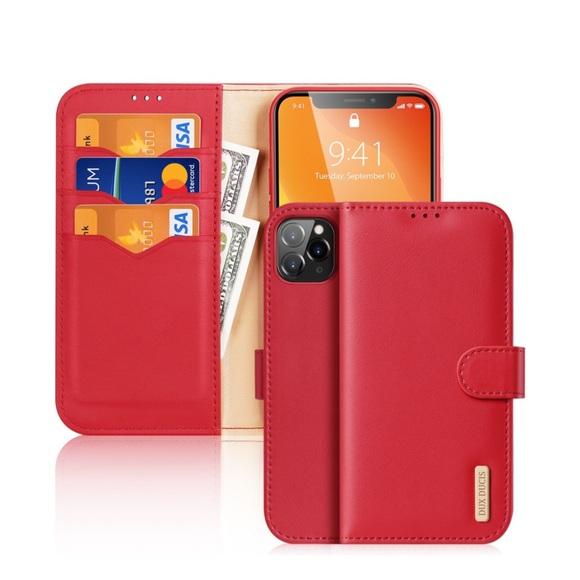 Dux Ducis - iPhone 11 Pro Flip Wallet Cover Echtleder Tasche (RFID Schutz) - Rot