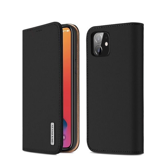Dux Ducis - iPhone 12 Mini Flip Wallet Cover Echtleder Tasche Wish Series - Schwarz