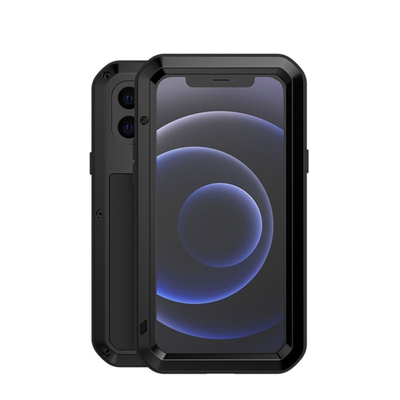 LOVE MEI - iPhone 12 Mini Silikon Metall Outdoor Case + Panzerfolie - Schwarz