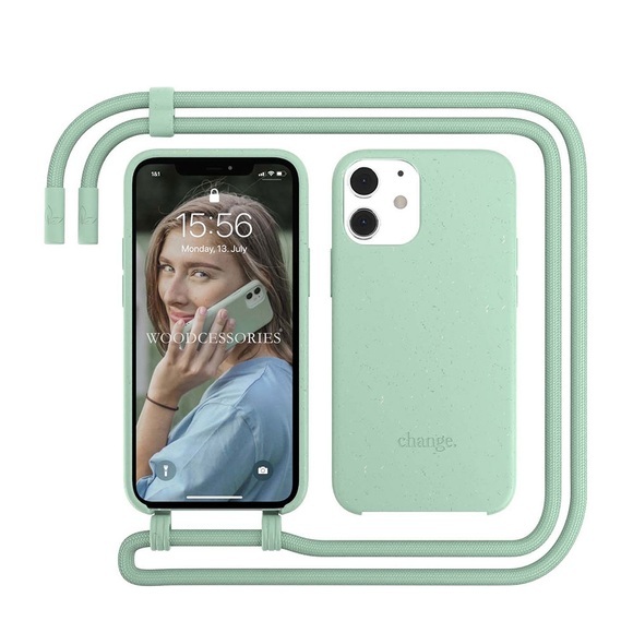 Woodcessories - iPhone 12 Mini Change Necklace BioCase Schutzhülle Vegan Biologisch Abbaubar + Handykette (CHA026) - Mint Green (Grün)