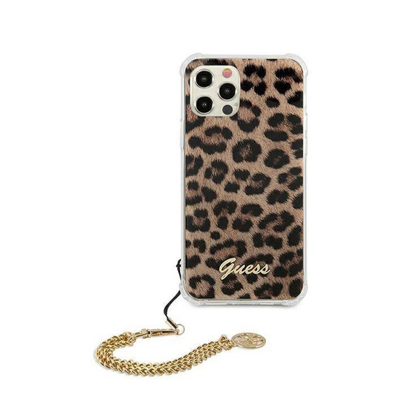 Guess - iPhone 12 / iPhone 12 Pro Hardcase Hülle Air Cushion Chain Leopard + Trageschlaufe (GUHCP12MKSLEO) - Gold