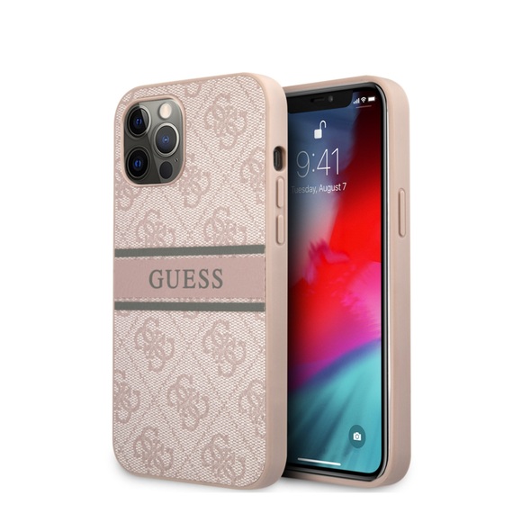 Guess - iPhone 12 / iPhone 12 Pro Leder Hardcase Hülle Streifen Logo (GUHCP12M4GDPI) - Rosa