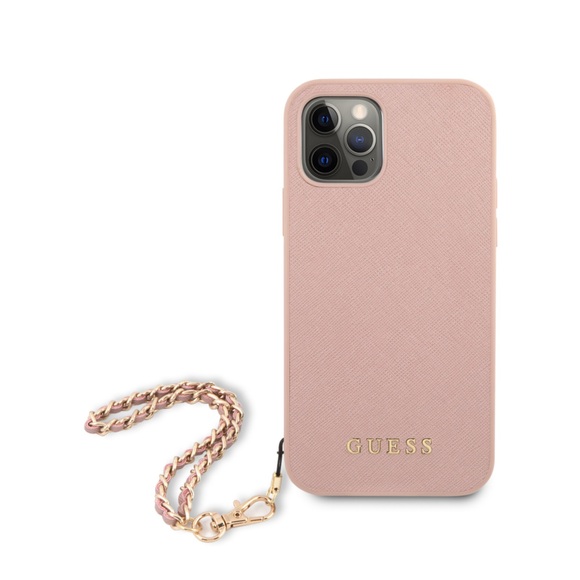 Guess - iPhone 12 / iPhone 12 Pro Leder Saffiano Hardcase Hülle Chain + Trageschlaufe (GUHCP12MSASGPI) - Rosa