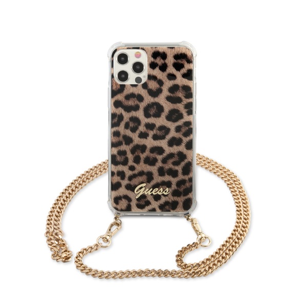 Guess - iPhone 12 / iPhone 12 Pro Necklace Hardcase Hülle Air Cushion Chain Leopard + Handykette (GUHCP12MKCLEO) - Gold