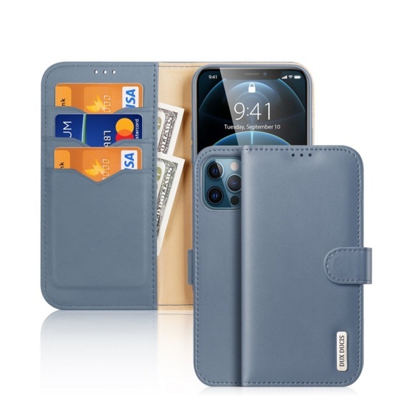 Dux Ducis - iPhone 12 / iPhone 12 Pro Flip Wallet Cover Echtleder Tasche (RFID Schutz) - Blau