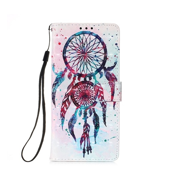 iPhone 12 / iPhone 12 Pro Leder Tasche Portemonnaie Traumfänger mit Federn - Rosa / Blau