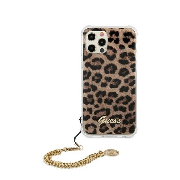 Guess - iPhone 12 Pro Max Hardcase Hülle Air Cushion Chain Leopard + Trageschlaufe (GUHCP12LKSLEO) - Gold