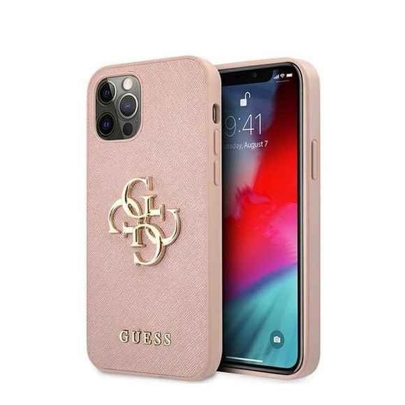 Guess - iPhone 12 Pro Max Leder Saffiano Hardcase Hülle Metall Logo (GUHCP12LSA4GGPI) - Rosa / Gold