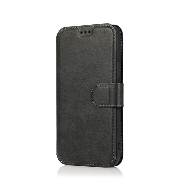 iPhone 12 Pro Max Leder Tasche mit Kartenfach im Retro Style - Schwarz