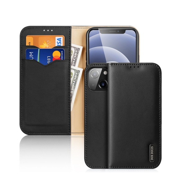 Dux Ducis - iPhone 13 Flip Wallet Cover Echtleder Tasche (RFID Schutz) - Schwarz