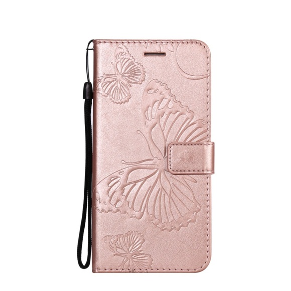 iPhone 13 Leder Tasche mit Kartenfach + Handschlaufe Schmetterling - Roségold