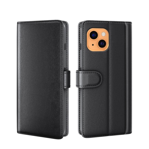 iPhone 13 Mini Echtleder Tasche Flip Cover mit Kartenfächer - Schwarz