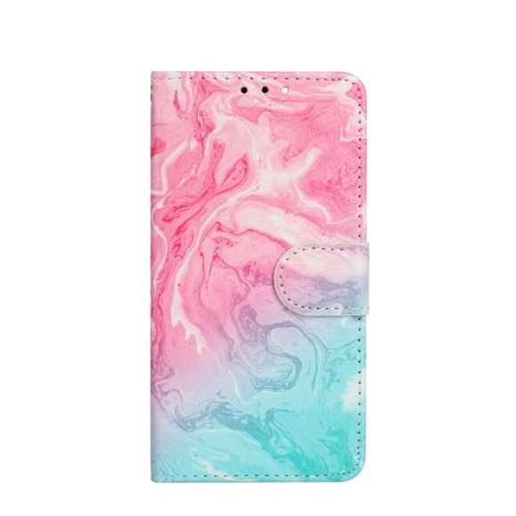 iPhone 13 Mini Leder Tasche Flip Cover Marmor Marble - Rosa / Türkis