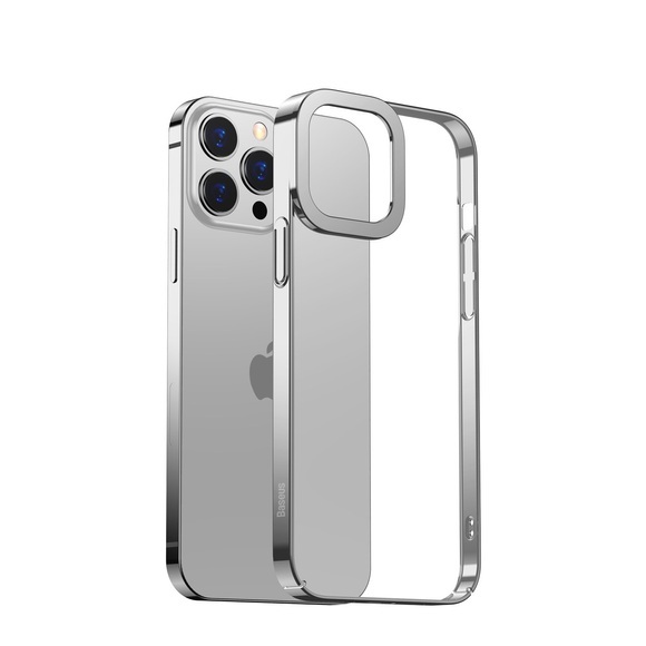 Baseus - iPhone 13 Pro Hardcase Hülle Anti-Fingerprint + Galvanisierter Rahmen - Silber / Transparent