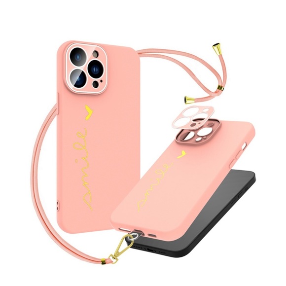 iPhone 13 Pro Gummi Case Hülle + Necklace Handykette mit Einlage Smile + Kameraschutz - Rosa