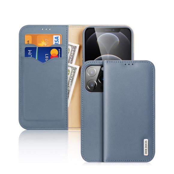 Dux Ducis - iPhone 13 Pro Flip Wallet Cover Echtleder Tasche (RFID Schutz) - Blau