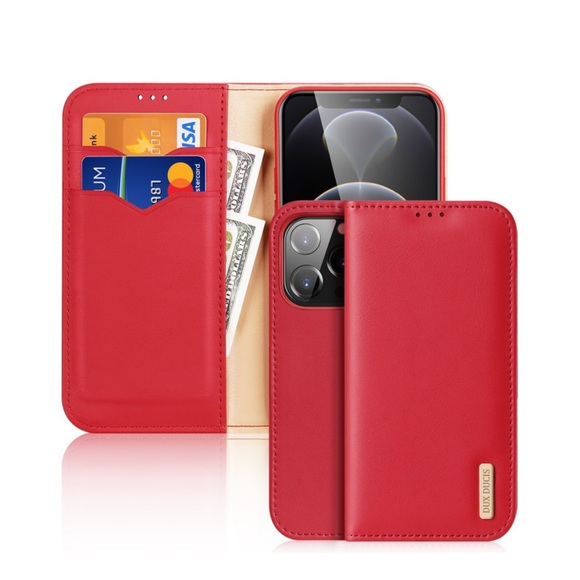 Dux Ducis - iPhone 13 Pro Flip Wallet Cover Echtleder Tasche (RFID Schutz) - Rot