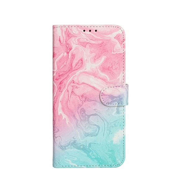 iPhone 13 Pro Leder Tasche Flip Cover Marmor Marble - Rosa / Türkis