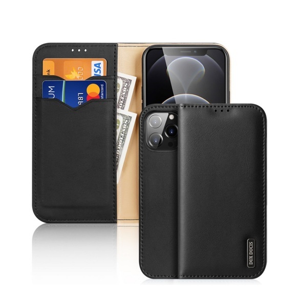 Dux Ducis - iPhone 13 Pro Max Flip Wallet Cover Echtleder Tasche (RFID Schutz) - Schwarz