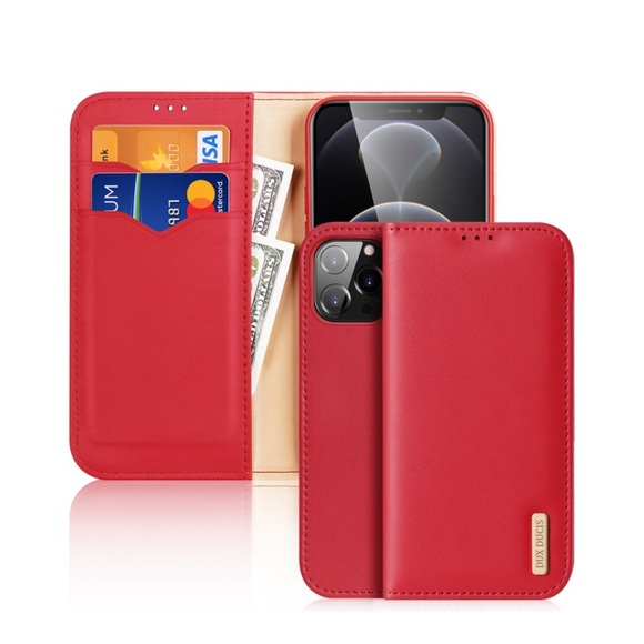 Dux Ducis - iPhone 13 Pro Max Flip Wallet Cover Echtleder Tasche (RFID Schutz) - Rot