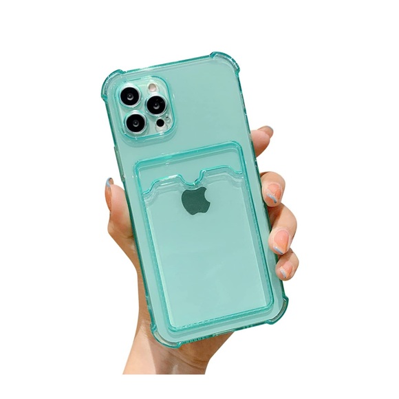 iPhone 13 Pro Max Gummi Case Hülle mit Kartenfach + Air Cushion Fallschutz - Türkis / Transparent