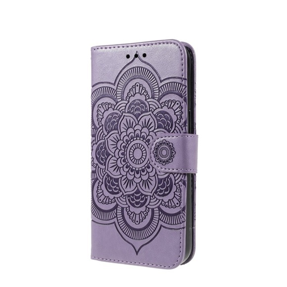 iPhone 13 Pro Max Leder Tasche Wallet - Mandala Flowers - Lila