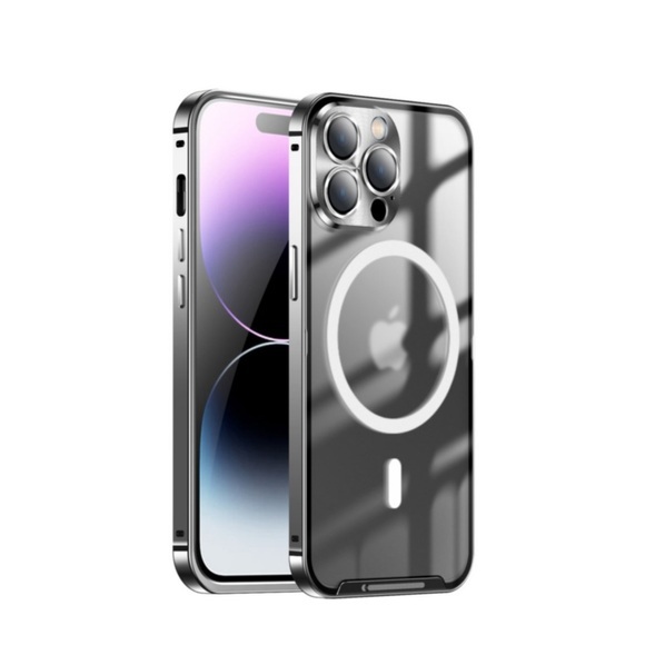 iPhone 14 Pro Max Magnetische MagSafe Alu Schutzhülle mit Panzer Glas Backcover + Display- / Kameraschutz (Magnet-Technologie) - Schwarz