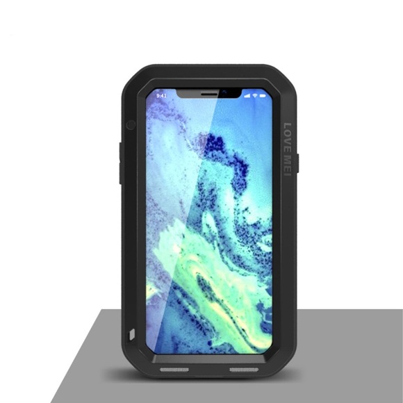 LOVE MEI - iPhone Xs / X Hybrid Silikon Metall Outdoor Case + Panzerfolie - Schwarz