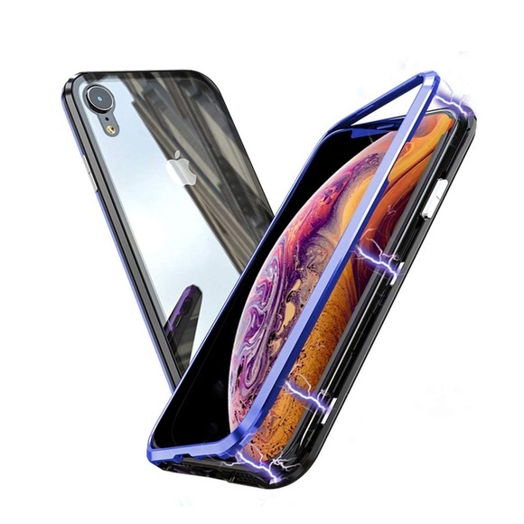 iPhone Xr Magnetische Alu Schutzhülle mit Panzer Glas Backcover (Magnet-Technologie) - Blau / Schwarz
