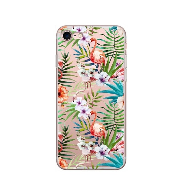 Apfelkiste © - iPhone 8 / 7 / 6S / 6 Gummi Case Hülle Ultra Thin Flamingos & Blumen - Transparent