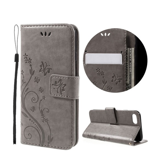 iPhone 8 / iPhone 7 Leder Tasche mit Kartenfach + Handschlaufe Butterfly Flowers - Grau