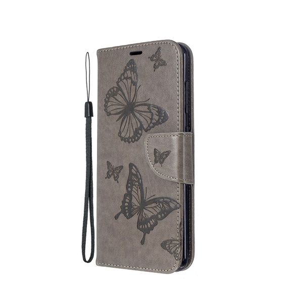 Nokia 6.2 / Nokia 7.2 Leder Tasche mit Kartenfach + Handschlaufe Schmetterling - Grau